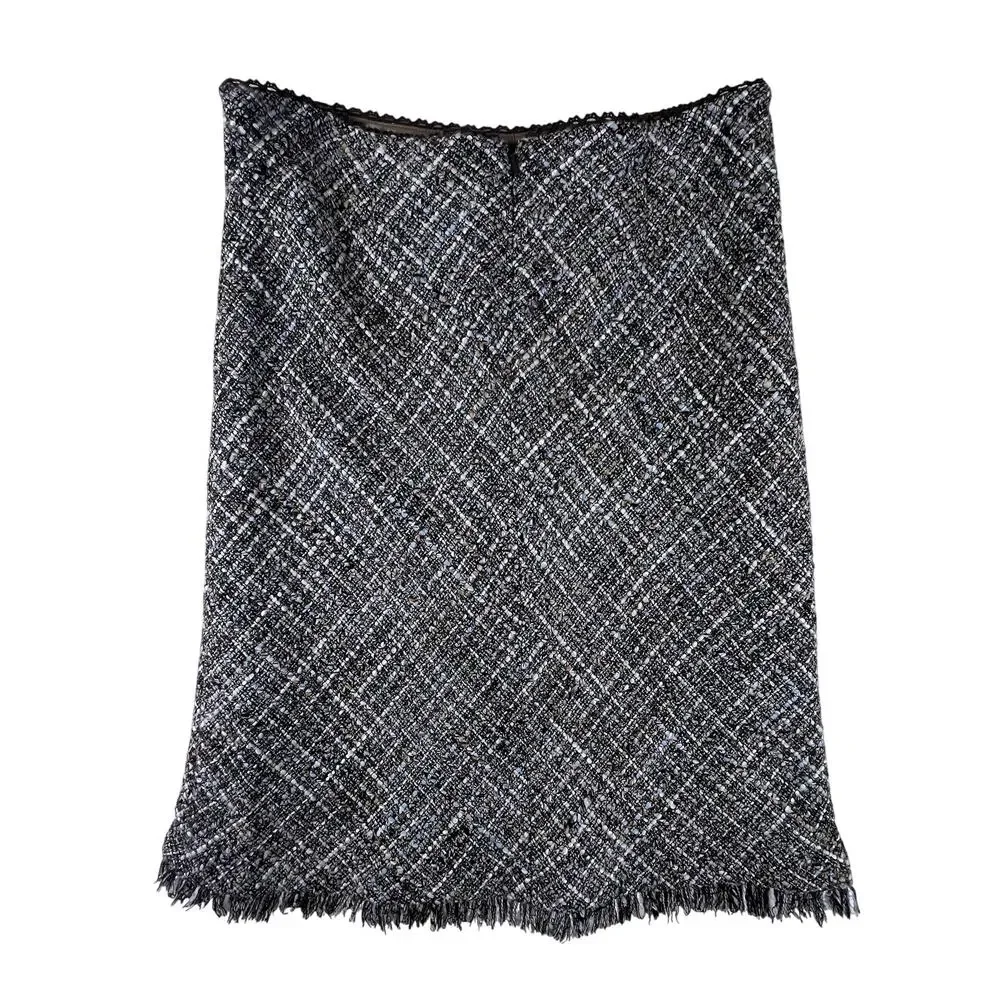 Kenneth Cole Tweed Pencil Skirt 2 Brown Taupe Boucle Fringe Hem Wool Blend Lined